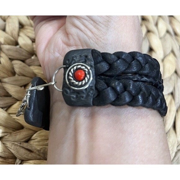 VTG Braided Leather Stainless Silver Malachite Coral Owl Bracelet Bird Lovers - Picture 3 of 9